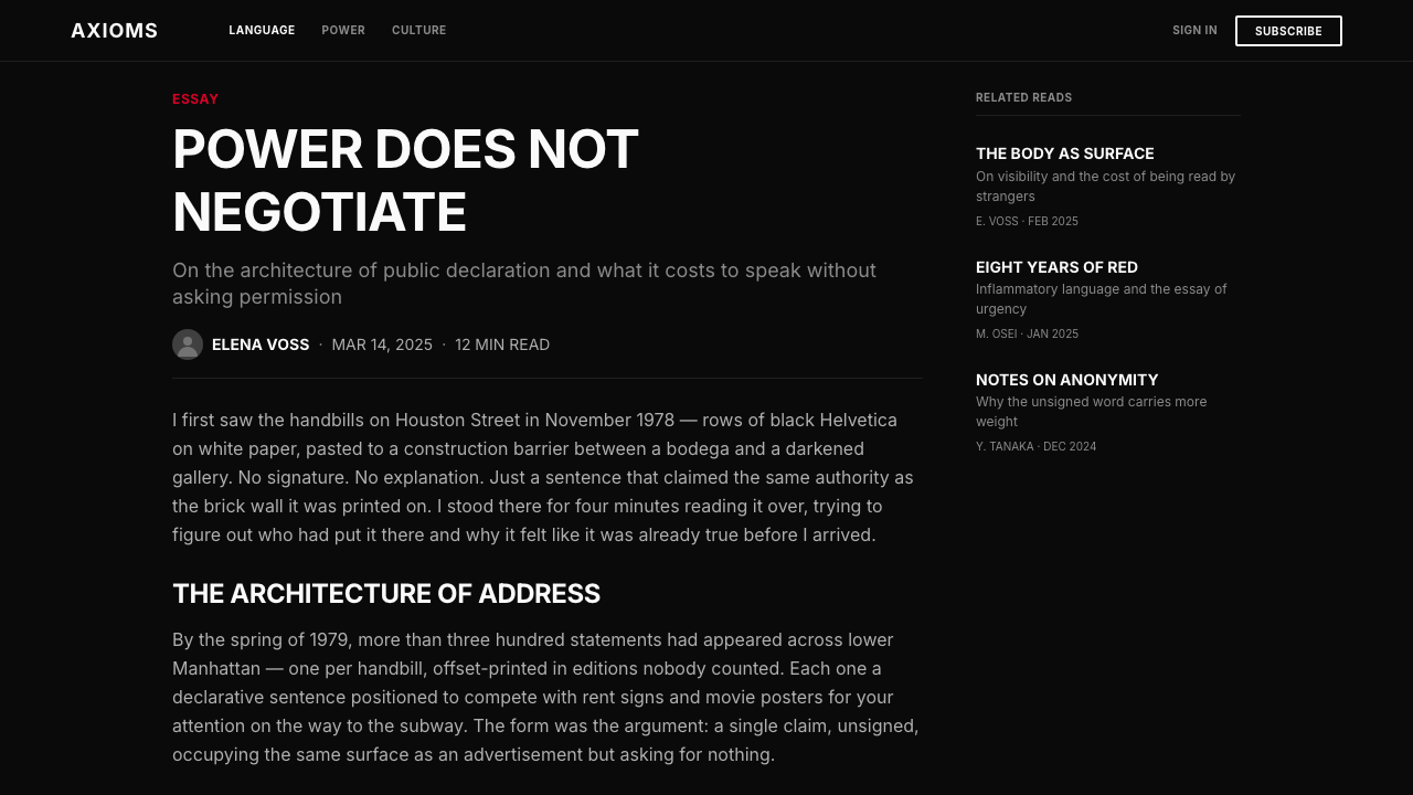 Jenny Holzer Truisms (1977) design style applied to a Article page