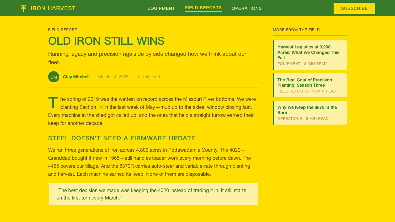 John Deere design style applied to a Article page