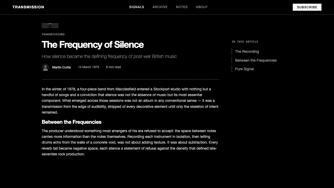 Joy Division — Unknown Pleasures design style applied to a Article page