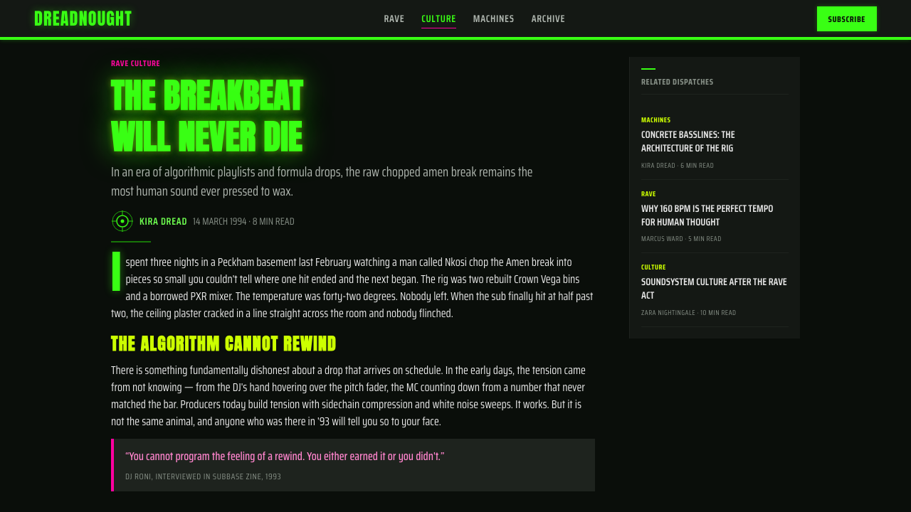 Jungle / Drum & Bass design style applied to a Article page