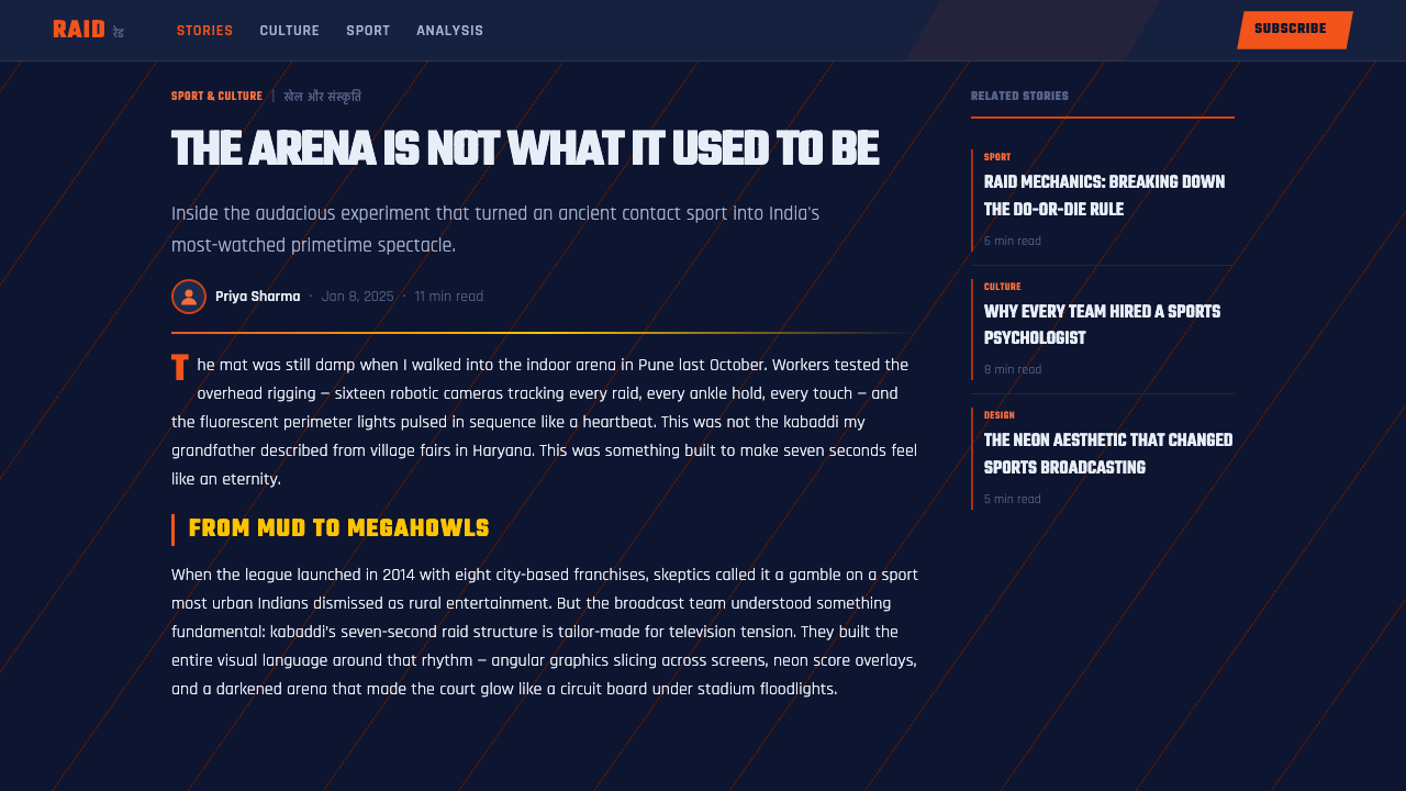 Pro Kabaddi League design style applied to a Article page