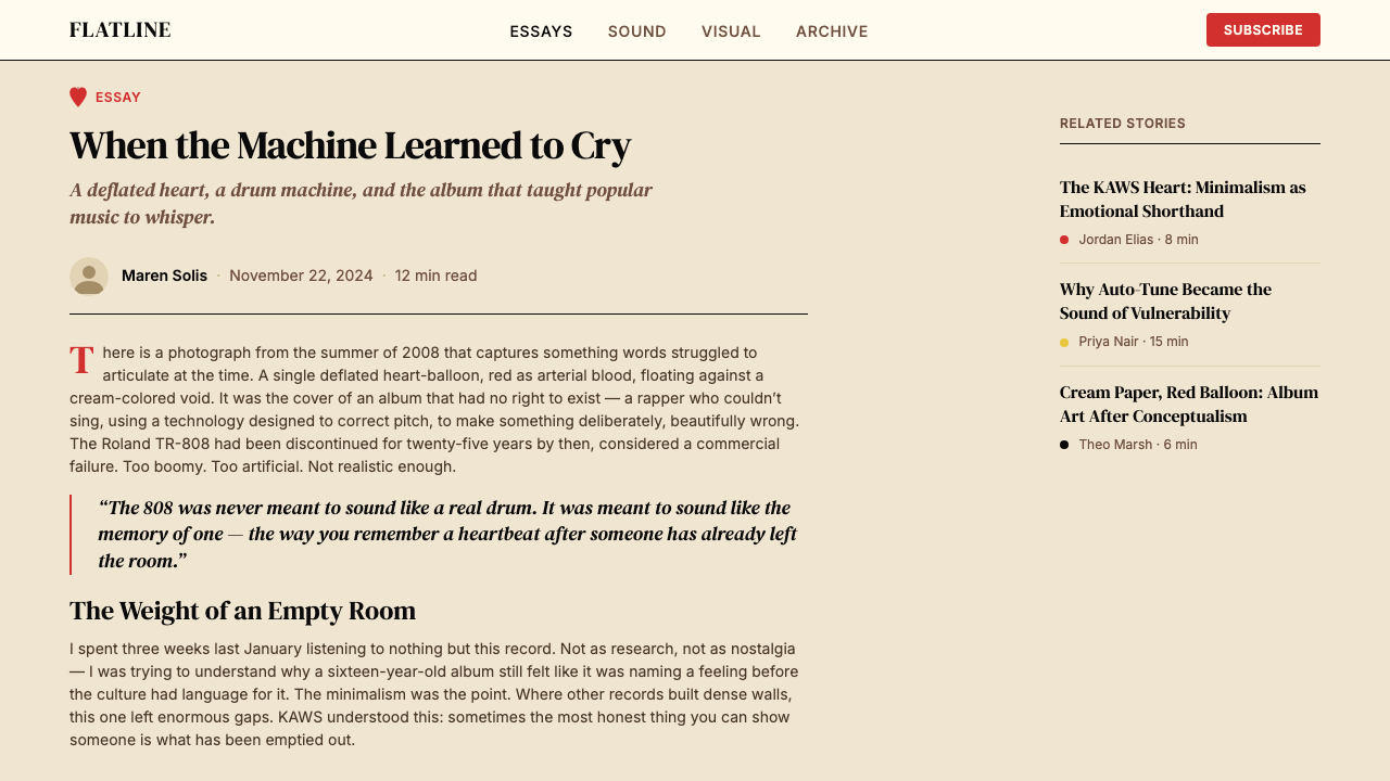 Kanye — 808s & Heartbreak design style applied to a Article page