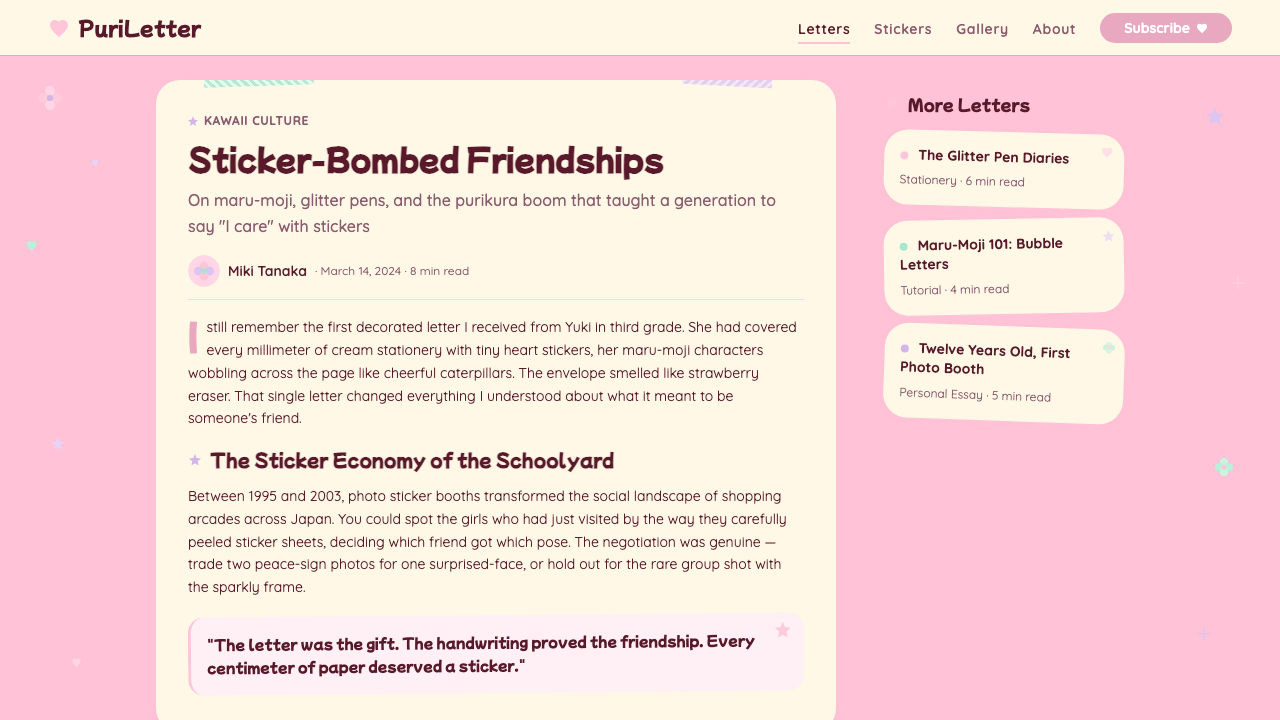Kawaii Japanese Letter Purikura design style applied to a Article page