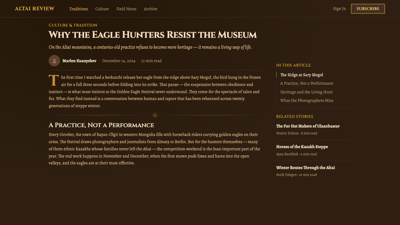 Kazakh Eagle Hunter design style applied to a Article page