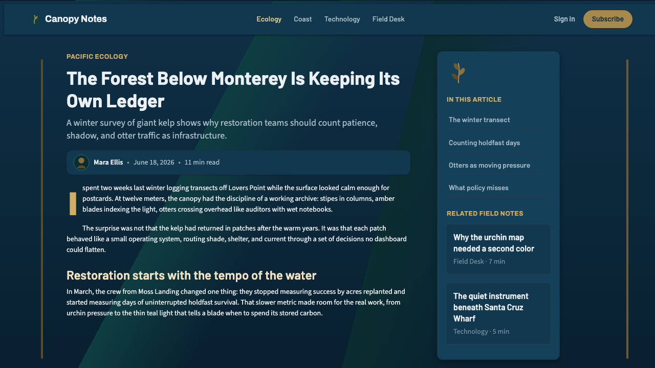 Pacific Kelp Forest design style applied to a Article page