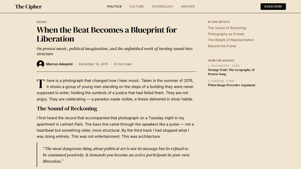 Kendrick — To Pimp a Butterfly design style applied to a Article page