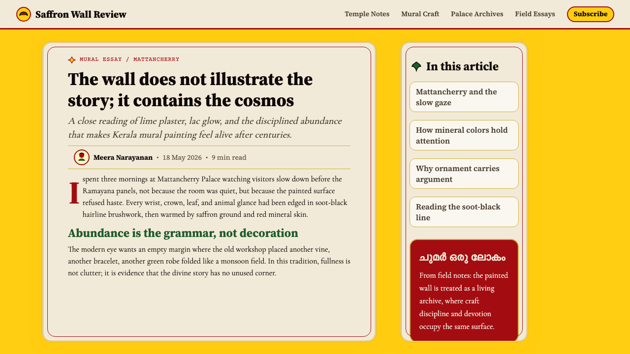 Kerala Mural Temple design style applied to a Article page