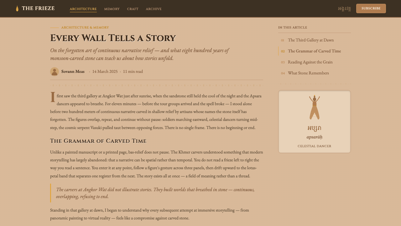 Khmer Angkor Wat Relief design style applied to a Article page