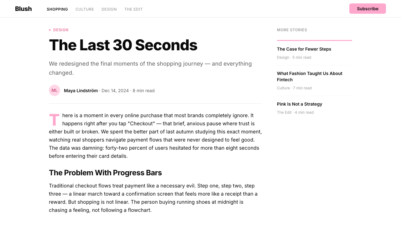 Klarna design style applied to a Article page