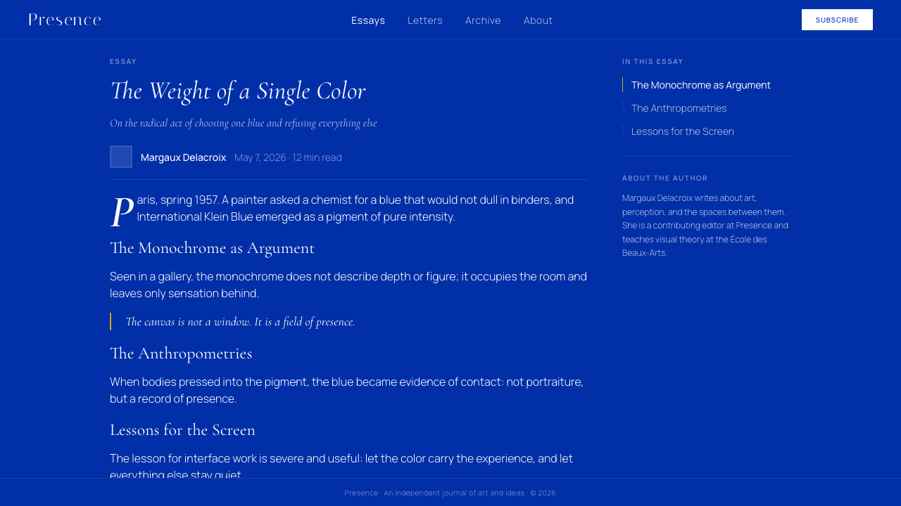 Klein Blue (IKB) design style applied to a Article page