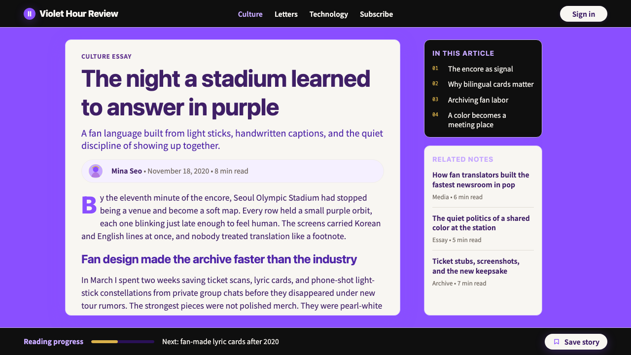 BTS Army Purple 2020 design style applied to a Article page