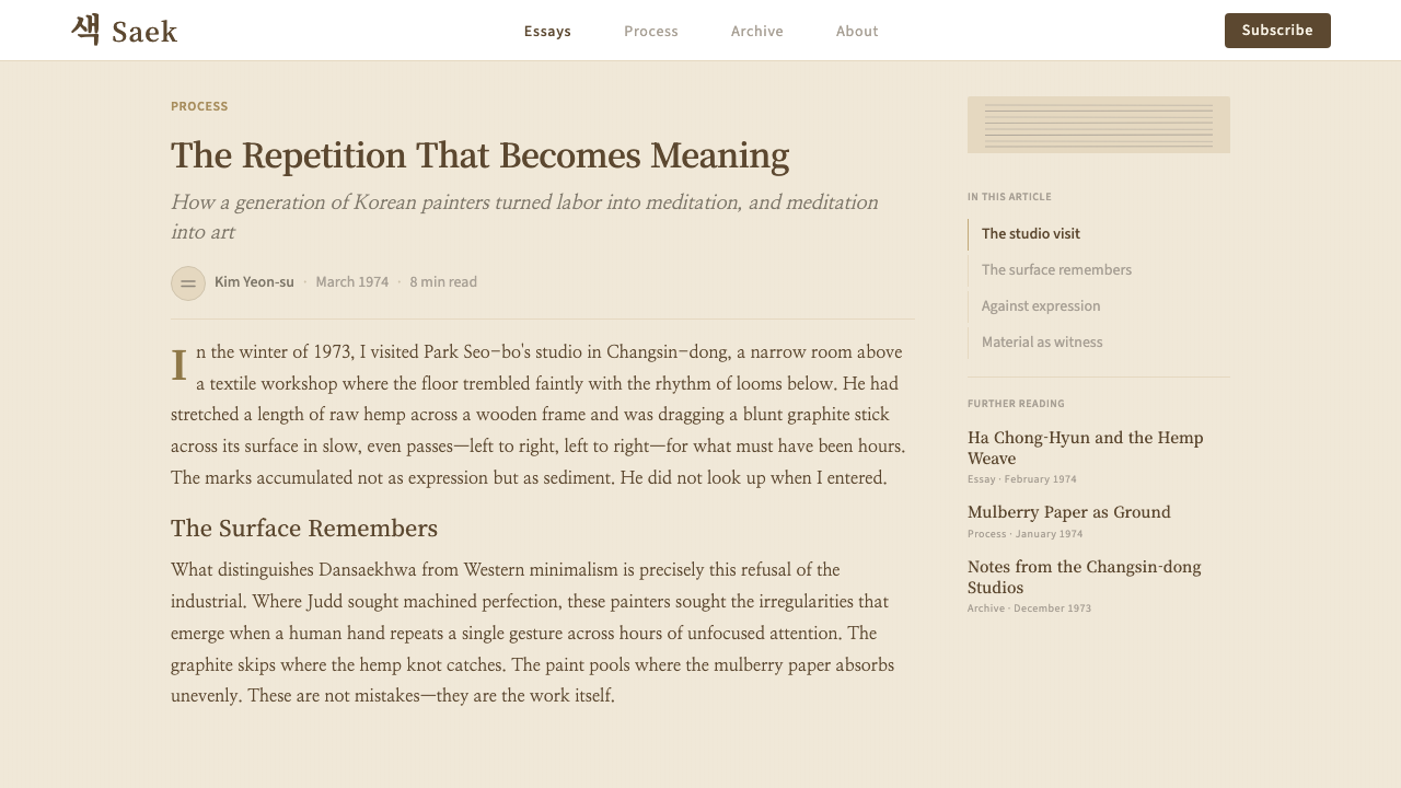 Korean Dansaekhwa Monochrome design style applied to a Article page
