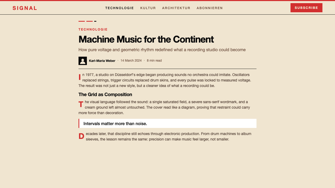 Kraftwerk Trans-Europa Express design style applied to a Article page