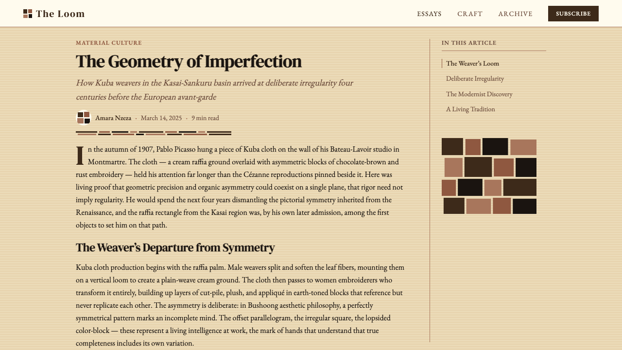 Kuba Raffia Cloth (Congo) design style applied to a Article page