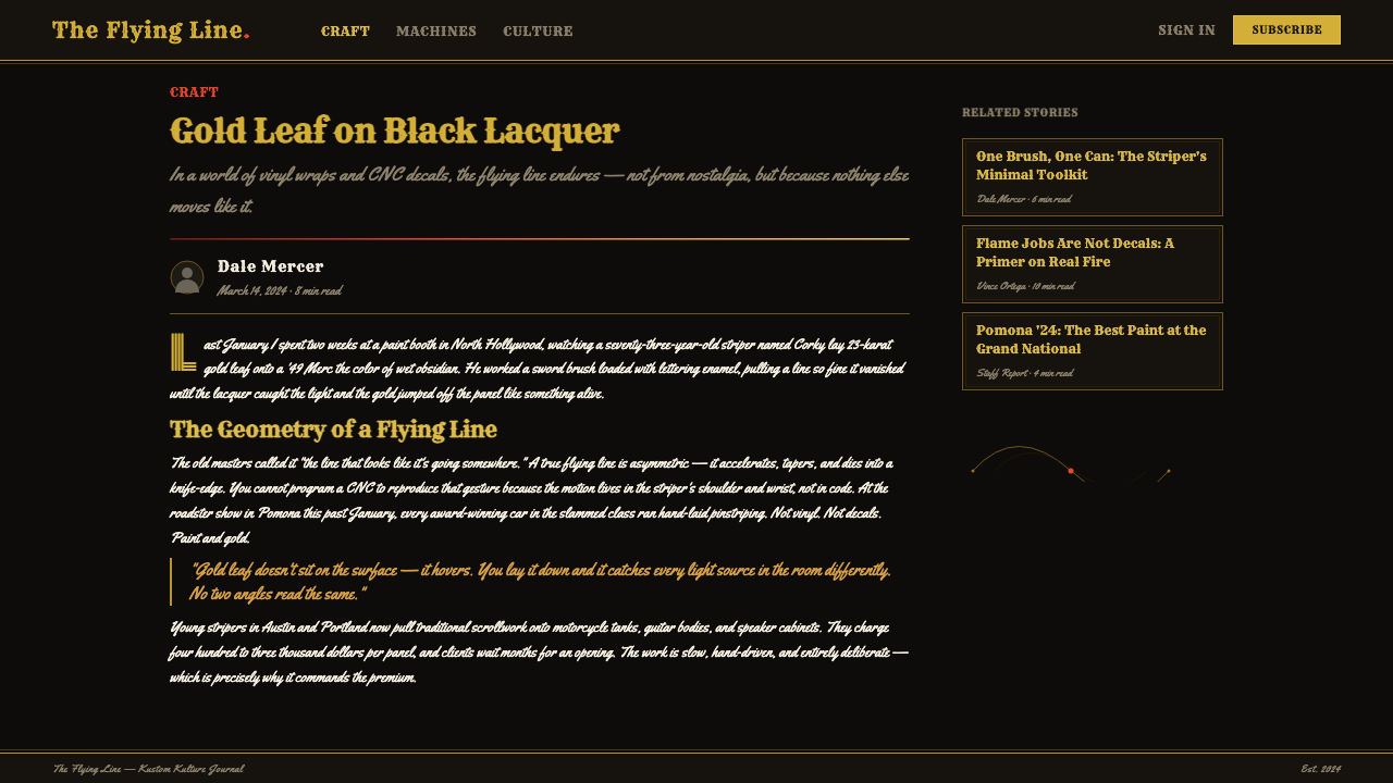 Kustom Kulture Pinstripe design style applied to a Article page