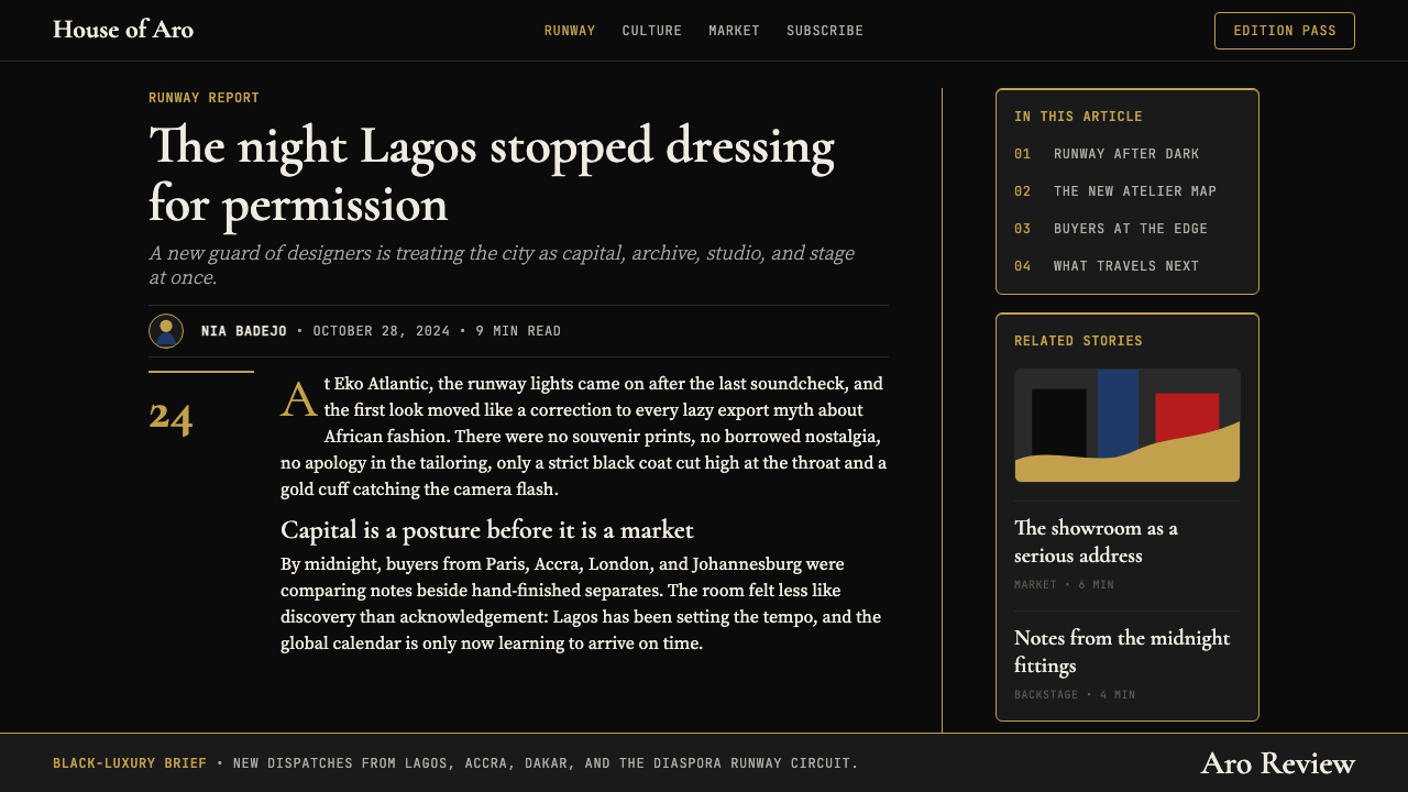 Lagos Fashion Week design style applied to a Article page