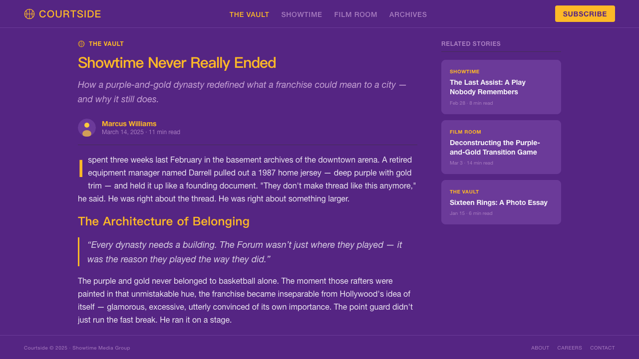 Los Angeles Lakers design style applied to a Article page