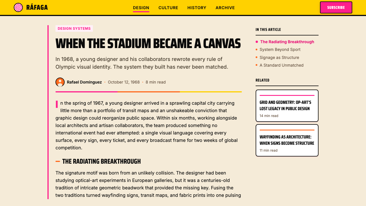 Lance Wyman Mexico Olympics (1968) design style applied to a Article page