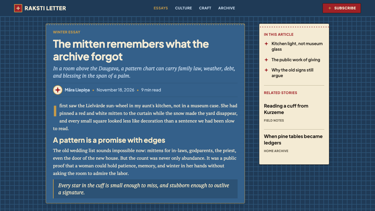 Latvian Knitted Mittens design style applied to a Article page