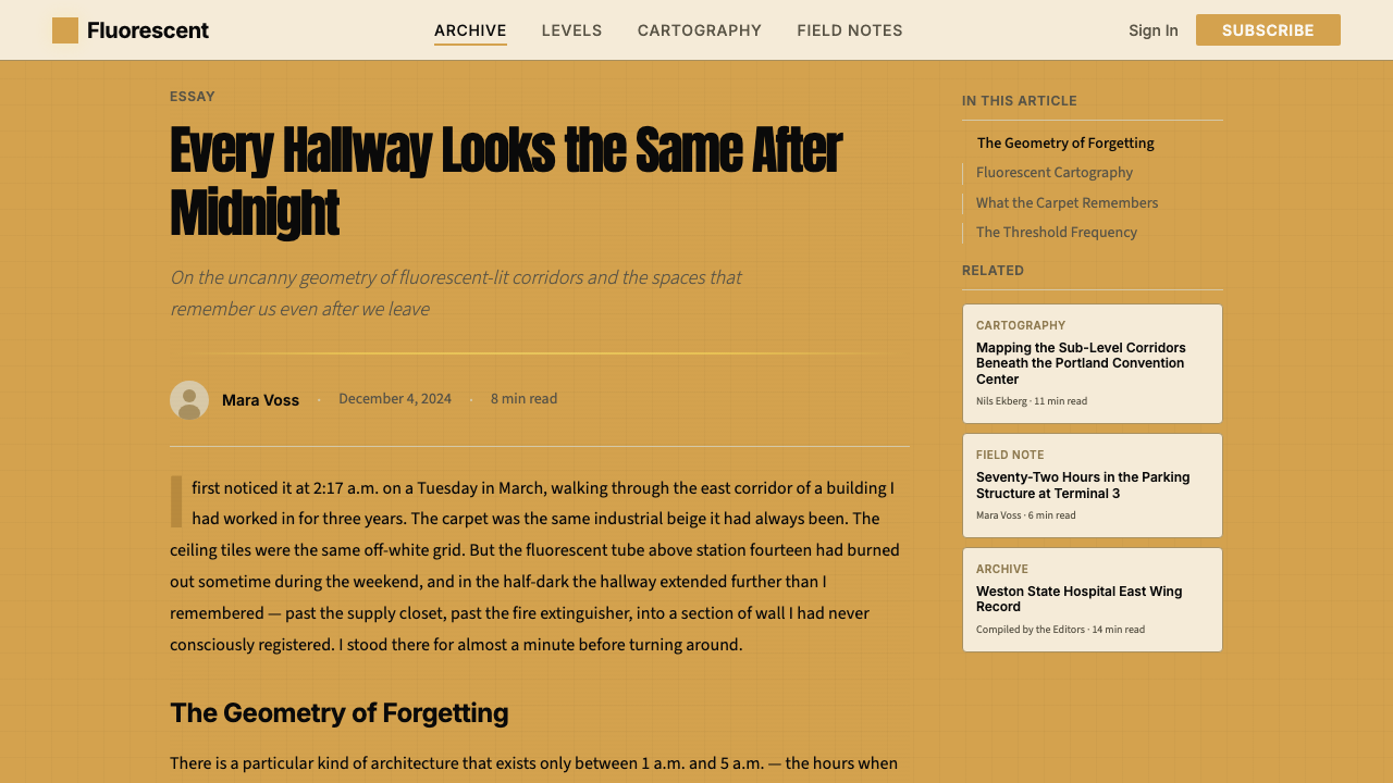 Liminal Space Backrooms design style applied to a Article page
