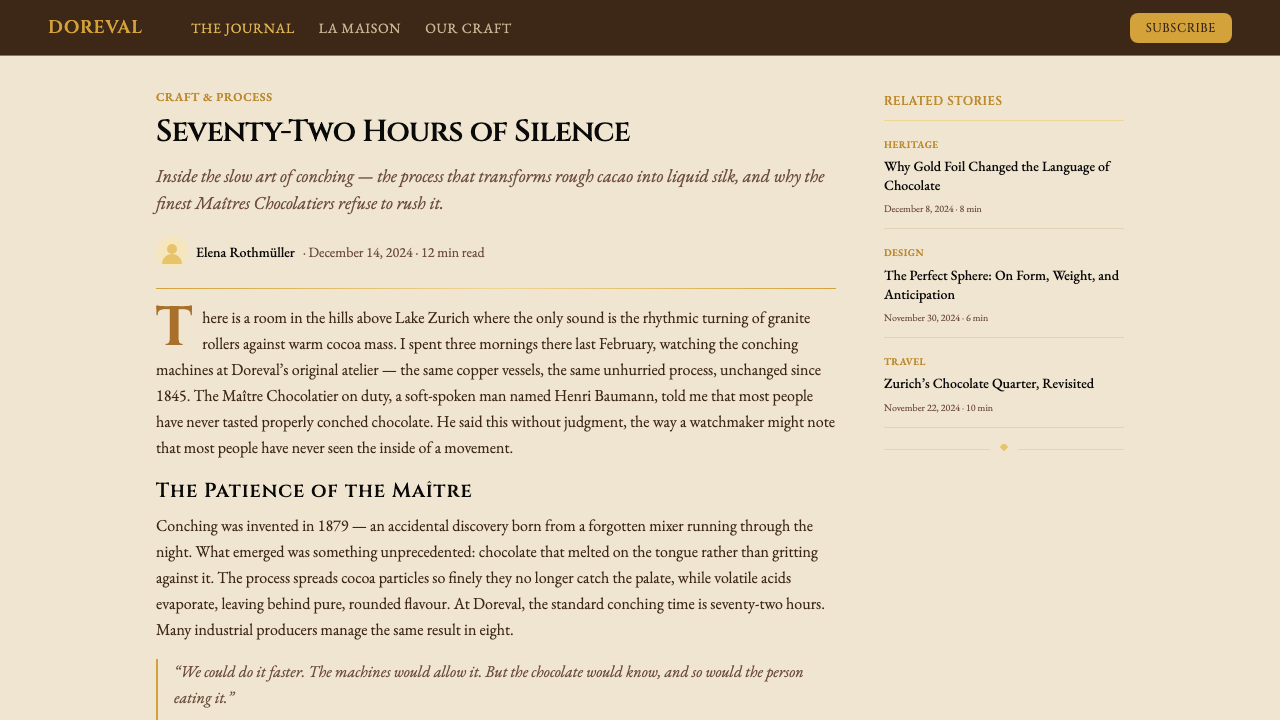 Lindt Swiss Chocolate design style applied to a Article page
