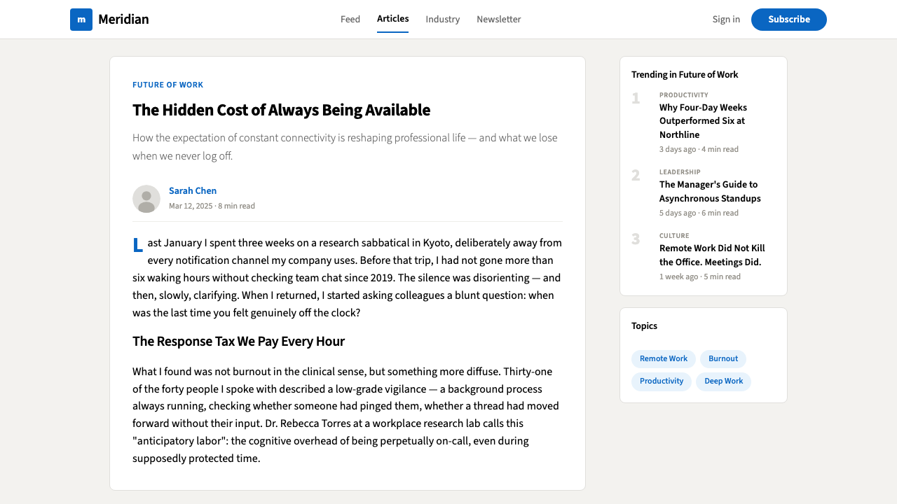 LinkedIn design style applied to a Article page