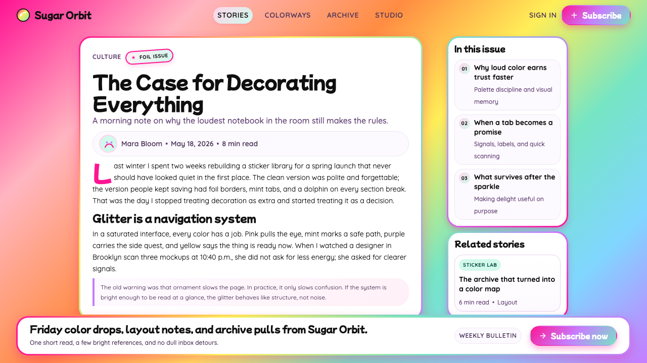 Lisa Frank Rainbow (90s) design style applied to a Article page