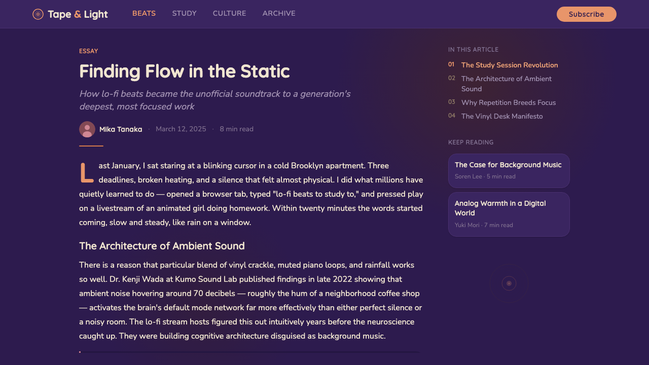 Lo-fi Hip Hop / Chillhop design style applied to a Article page
