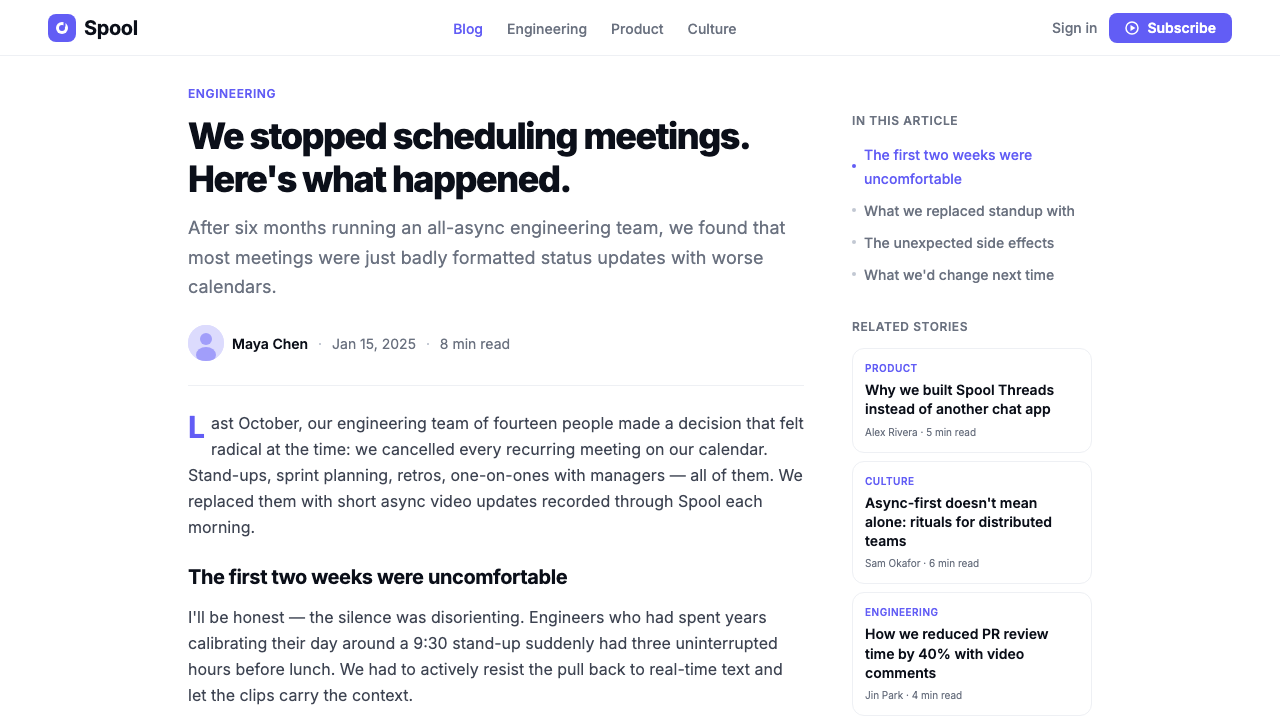 Loom Async-Video Purple design style applied to a Article page