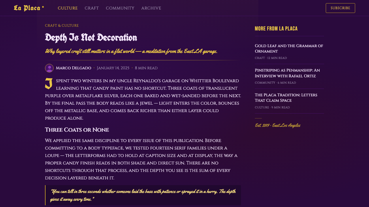 Lowrider Candy Paint design style applied to a Article page