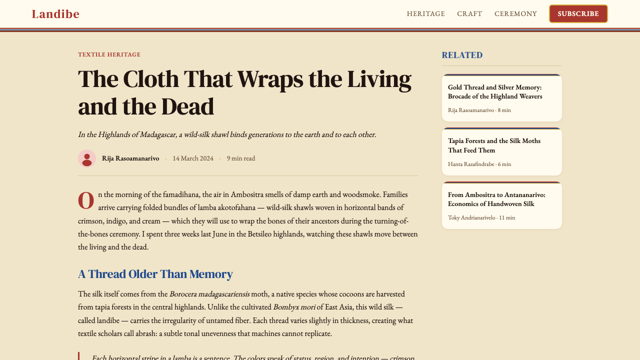 Madagascan Lamba Silk design style applied to a Article page