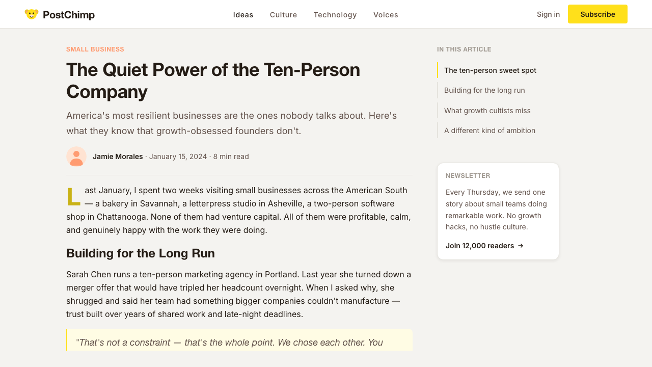 Mailchimp Freddie-Yellow design style applied to a Article page