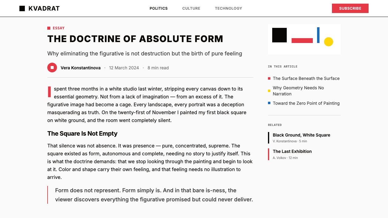 Malevich Suprematism design style applied to a Article page