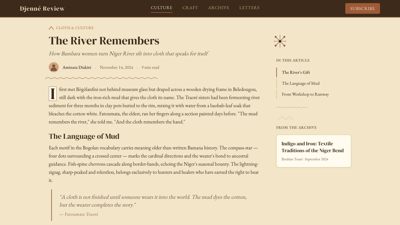 Mali Bògòlanfini (Bambara Mud-Cloth) design style applied to a Article page