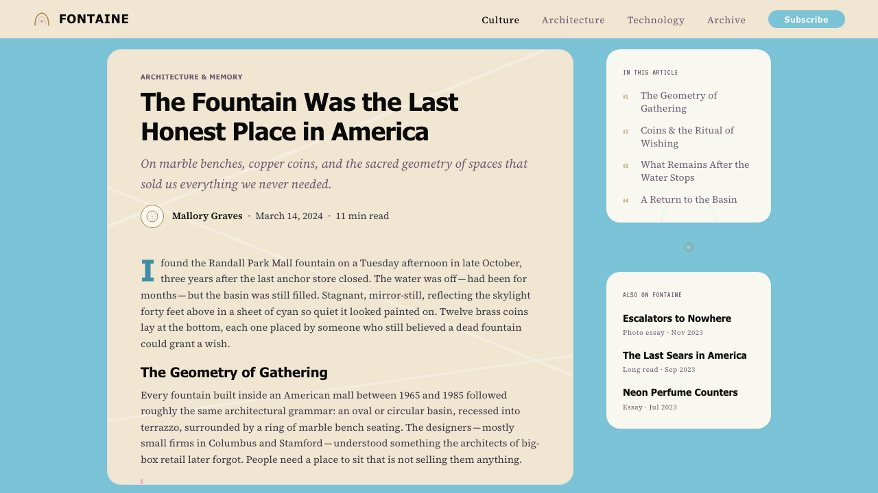 Mall Fountain Vaporwave design style applied to a Article page