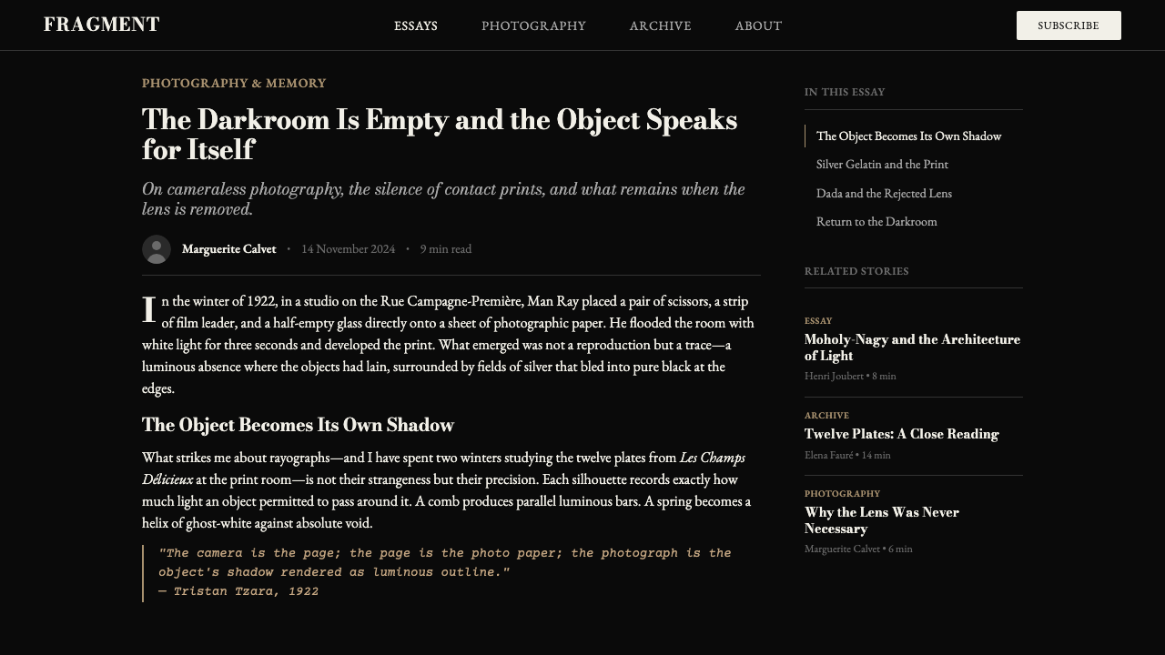 Man Ray Rayograph (1922) design style applied to a Article page