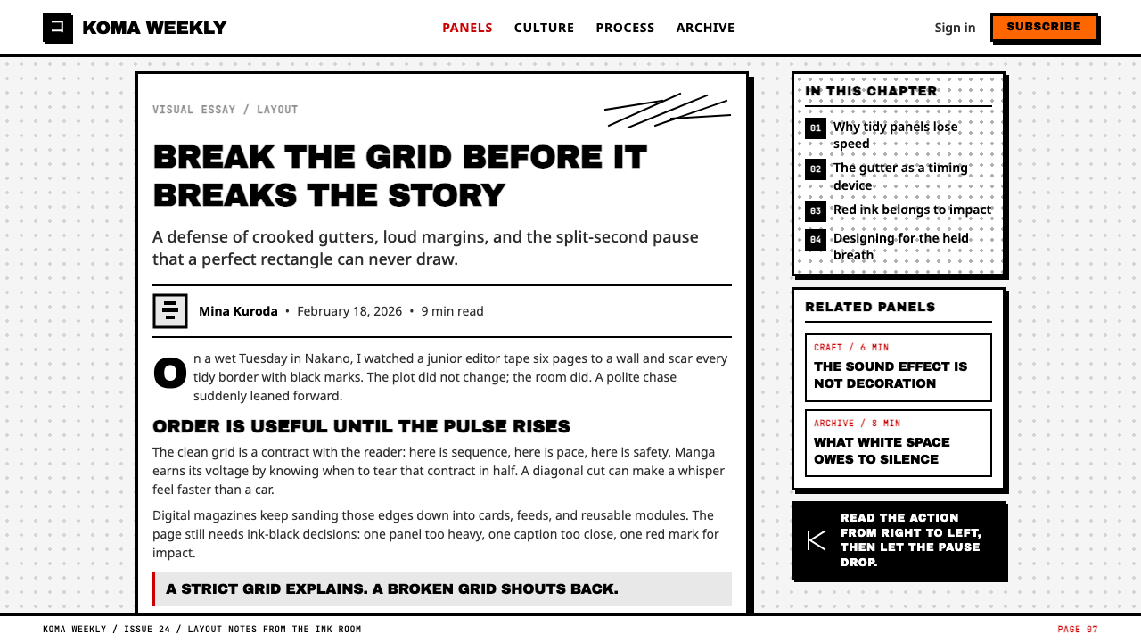 Manga Panel Layout design style applied to a Article page