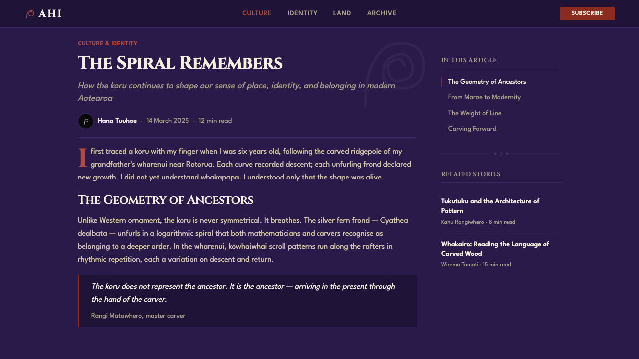 Māori Koru (Aotearoa) design style applied to a Article page