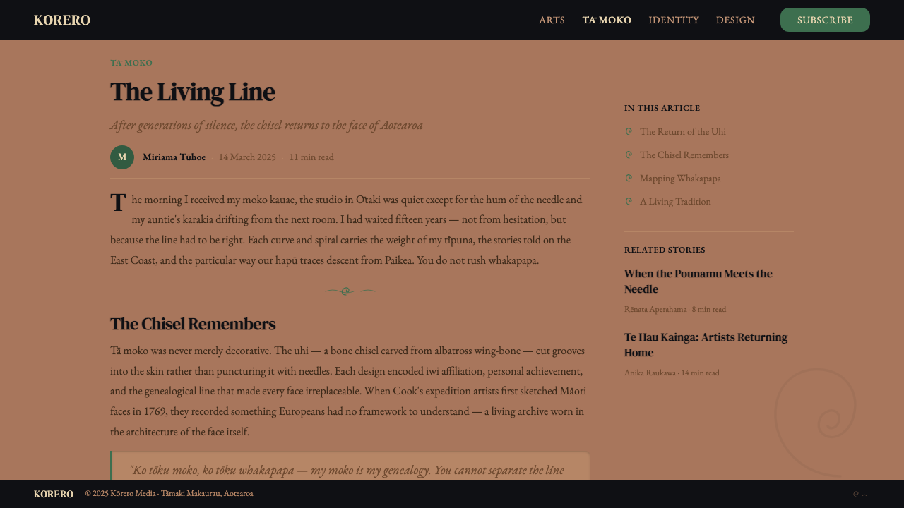 Māori Tā Moko (Facial Tattoo) design style applied to a Article page