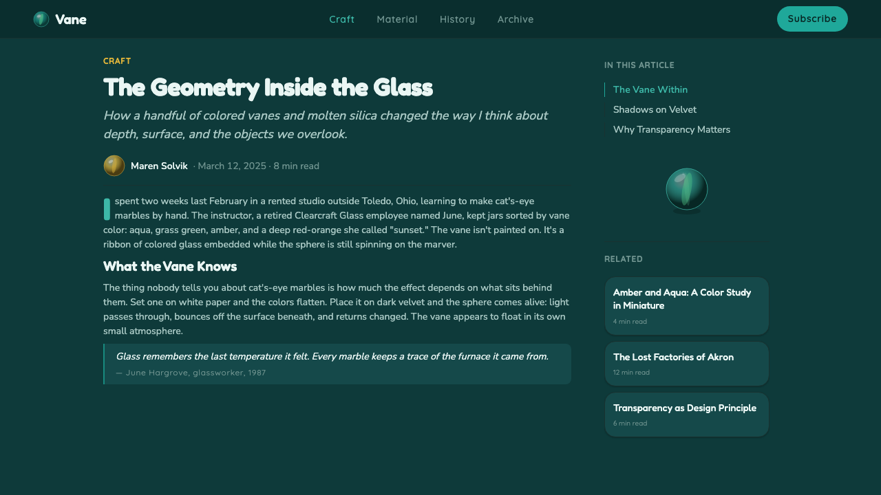 Cat's Eye Marbles design style applied to a Article page