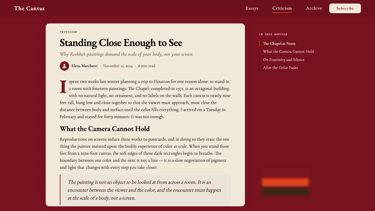 Mark Rothko Color Field (1950) design style applied to a Article page