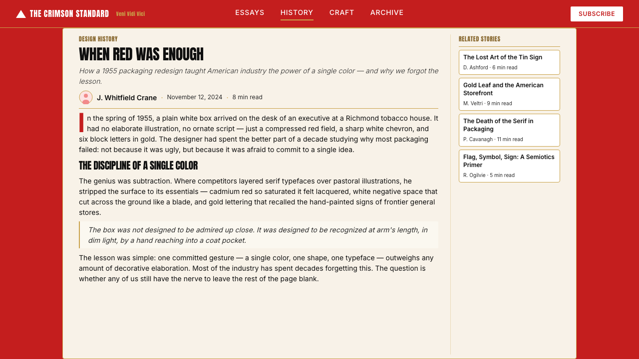 Marlboro Red Flip-Top (1955) design style applied to a Article page