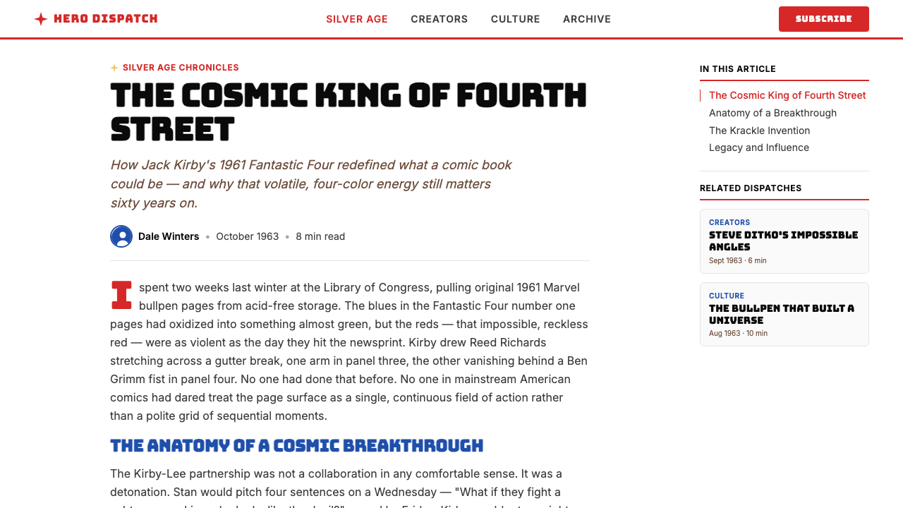 Marvel Comics (Kirby Era) design style applied to a Article page
