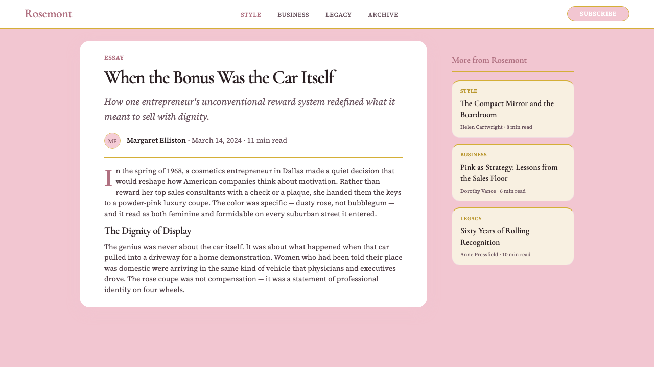 Mary Kay Pink Cadillac (1963) design style applied to a Article page
