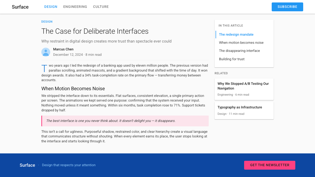 Material Design 1.0 design style applied to a Article page