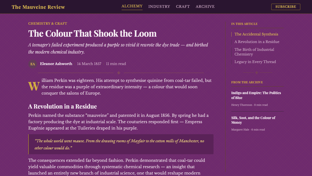 Mauveine (Perkin 1856) design style applied to a Article page