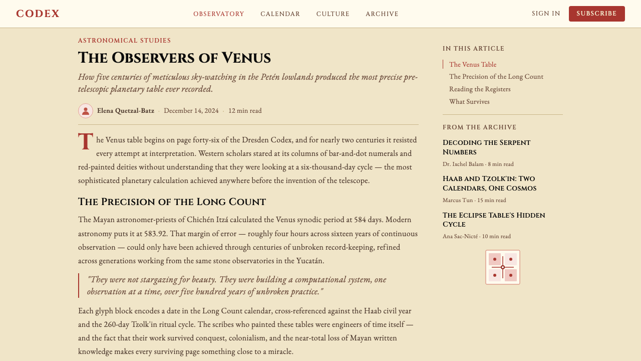 Mayan Dresden Codex design style applied to a Article page