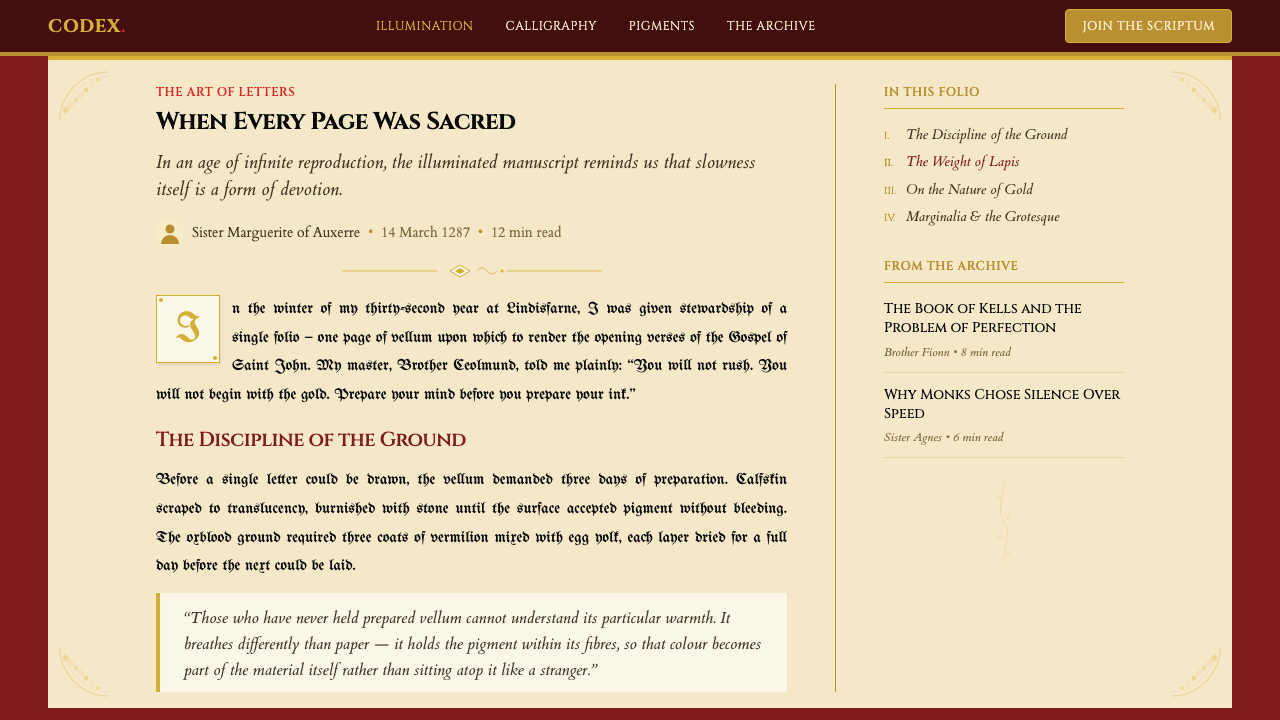 Medieval Illuminated Manuscript design style applied to a Article page
