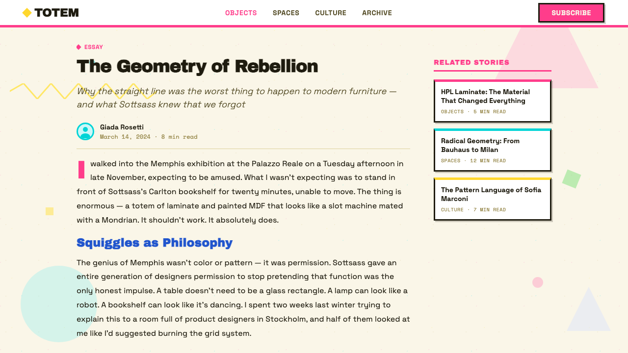 Memphis (Sottsass 1981) design style applied to a Article page