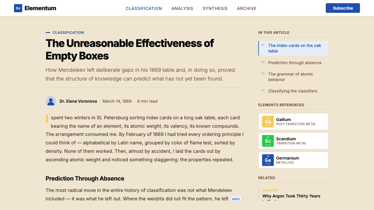 Mendeleev Periodic Table design style applied to a Article page